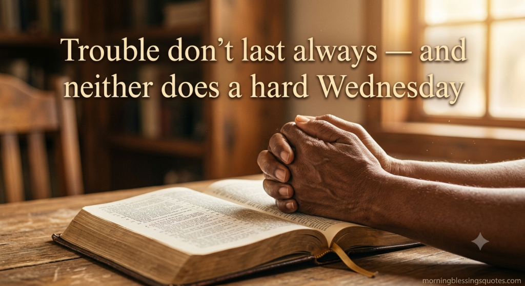African American Wednesday blessing quote on hands in prayer over an open Bible