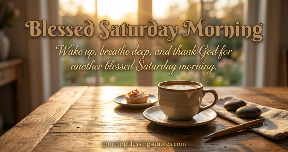 Blessed Saturday morning quote with coffee and sunlight - morningblessingsquotes.com