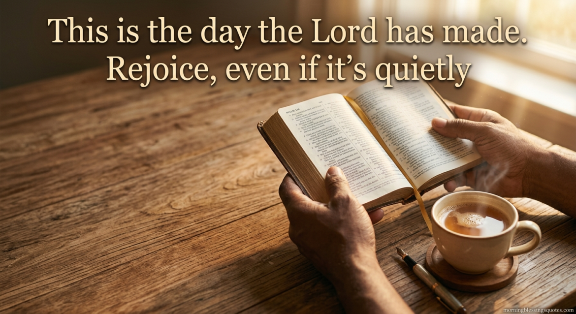 Blessed Sunday quote image with coffee, Bible, and morning sunlight