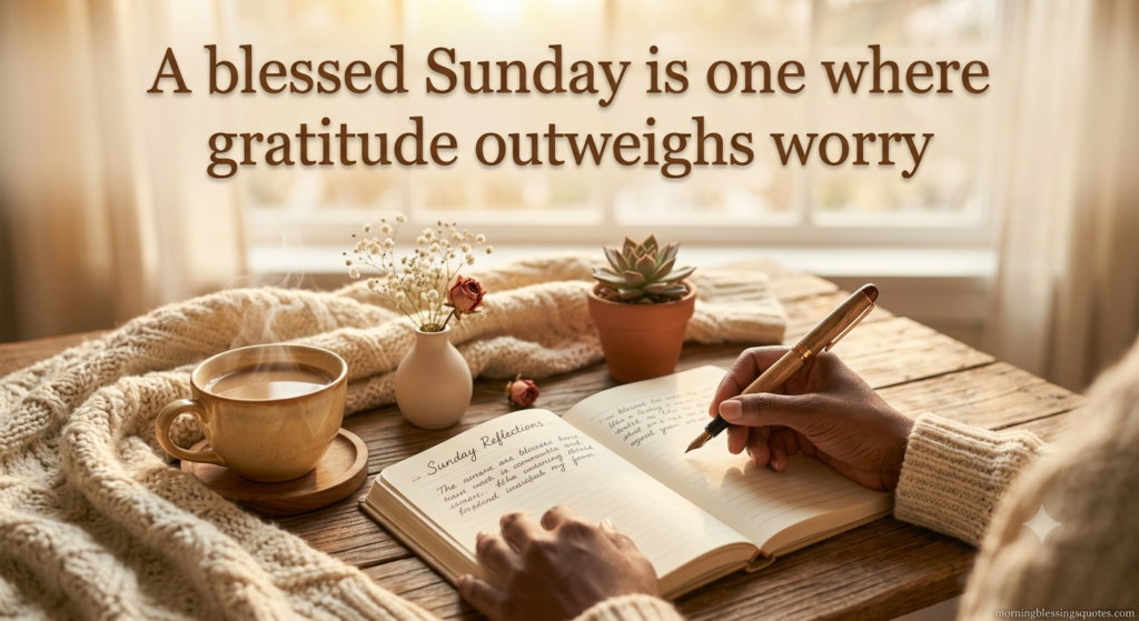 Blessed Sunday prayer quote image with hands on an open Bible