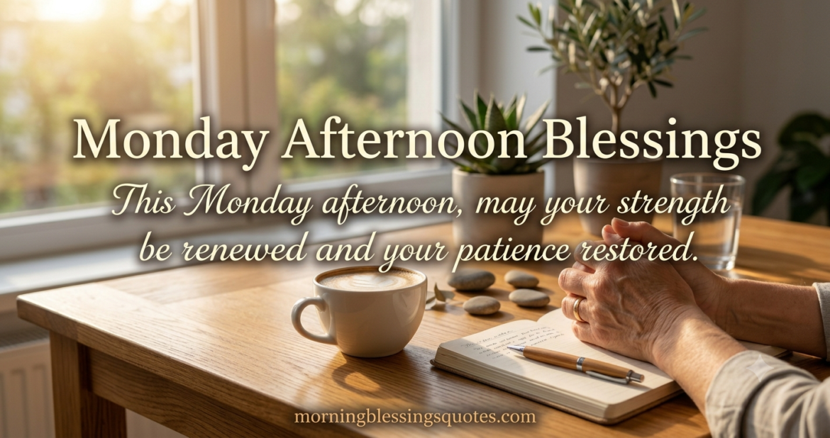 Monday afternoon blessings quote with coffee and desk - morningblessingsquotes.com