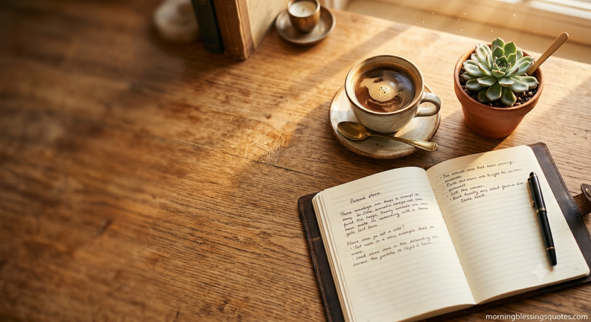 Tuesday afternoon blessings — cozy desk scene with coffee and notebook in golden light