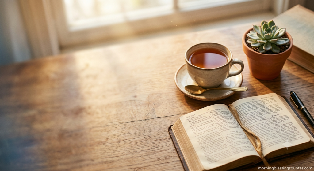 Tuesday afternoon blessing quote card with tea and open Bible in warm sunlight