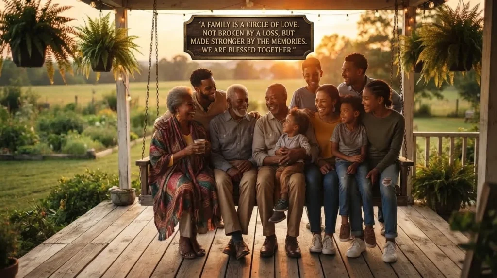 African American blessed Friday quote over a family gathered on a porch swing