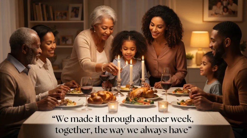 African American spiritual Friday blessing quote over a family lighting candles at dinner