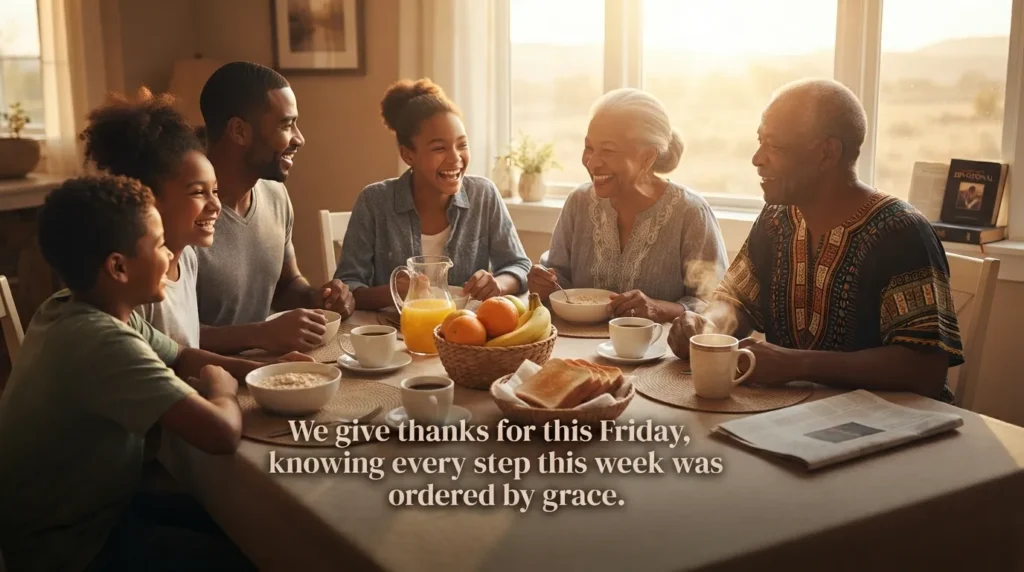 African American family sharing a friday blessing prayer together at breakfast