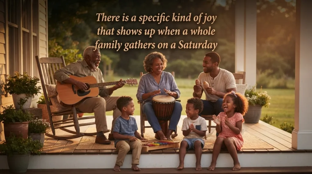African American Saturday blessing quote over a family playing music on a porch
