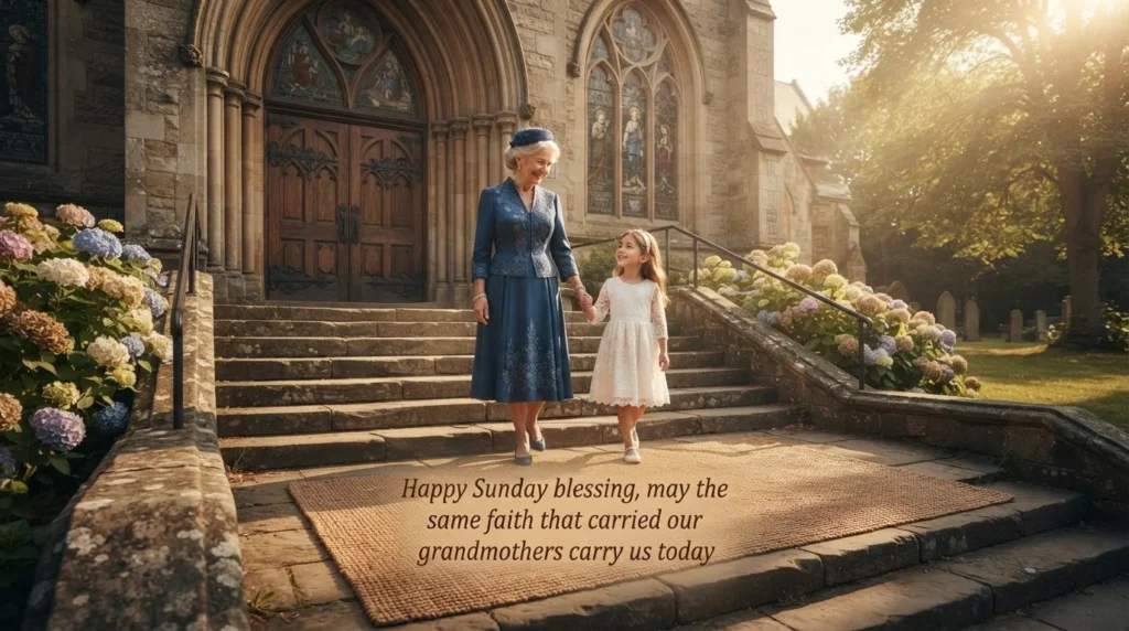 African American Sunday blessing quote over grandmother and grandchild on church steps