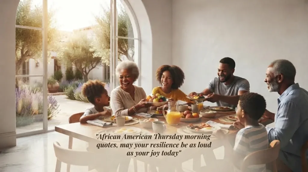 African American Thursday blessing quote over a family dinner table scene