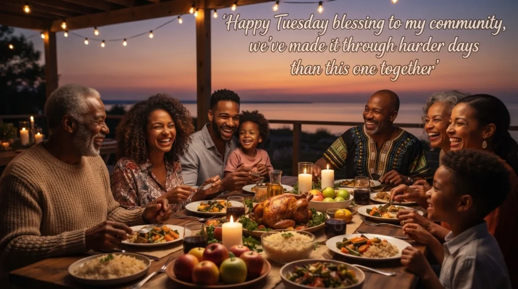 African American family sharing a happy Tuesday blessing together at dinner