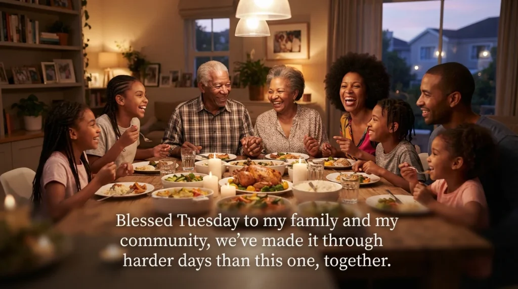 African American family sharing a Tuesday blessing together at dinner