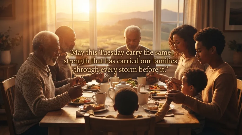 African American Tuesday blessing quote over a family gathered at a breakfast table