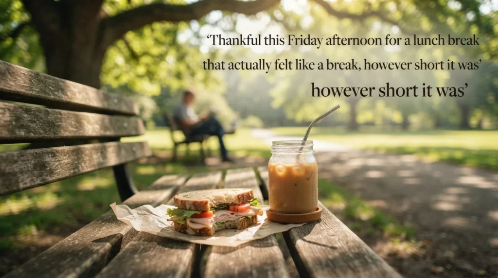 Blessed Friday afternoon blessing quote over a park bench lunch scene