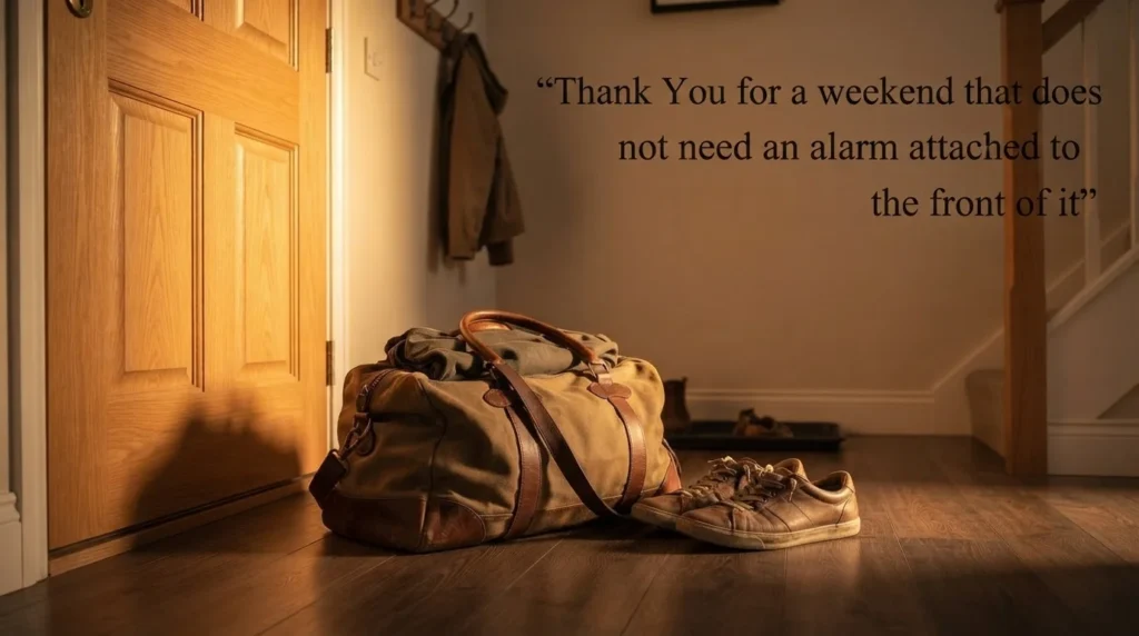 Blessed Friday evening and weekend blessing quote over a packed bag by the door
