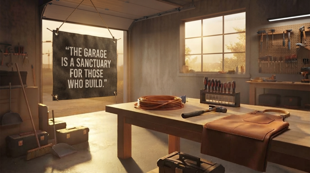 Blessed Friday quote for work and productivity over a workshop scene at golden hour