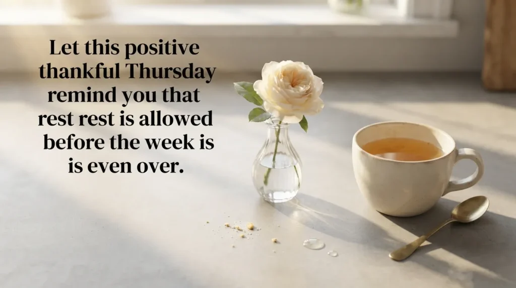 Encouraging Thursday blessing quote over a sunlit kitchen counter scene