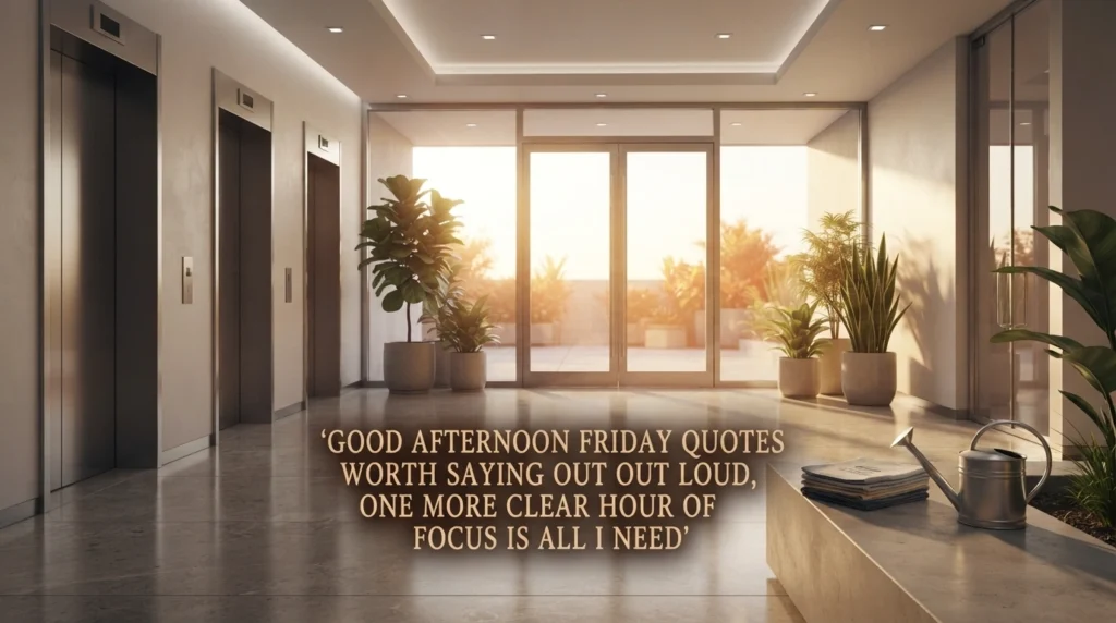 Friday afternoon blessing quote over an office elevator lobby scene