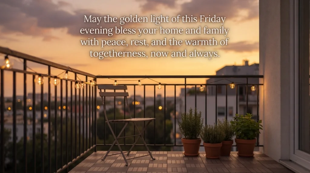 Friday blessings image over a string lit apartment balcony at dusk