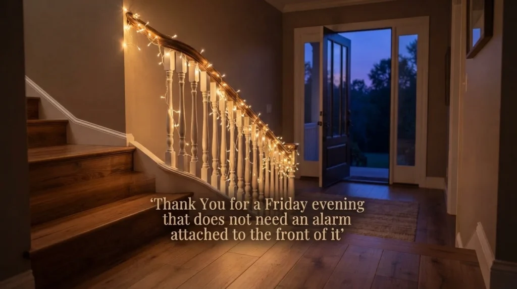 Friday evening blessing quote over a warmly lit staircase scene