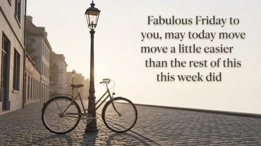 Friday morning greeting quote over a bicycle on a cobblestone street