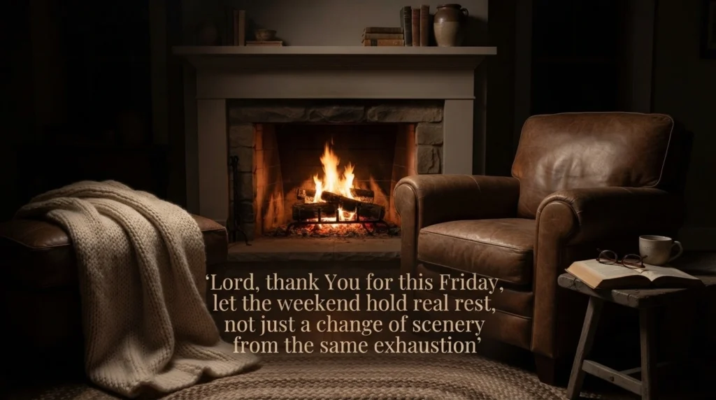 Friday prayer and divine inspiration quote over a fireside armchair scene