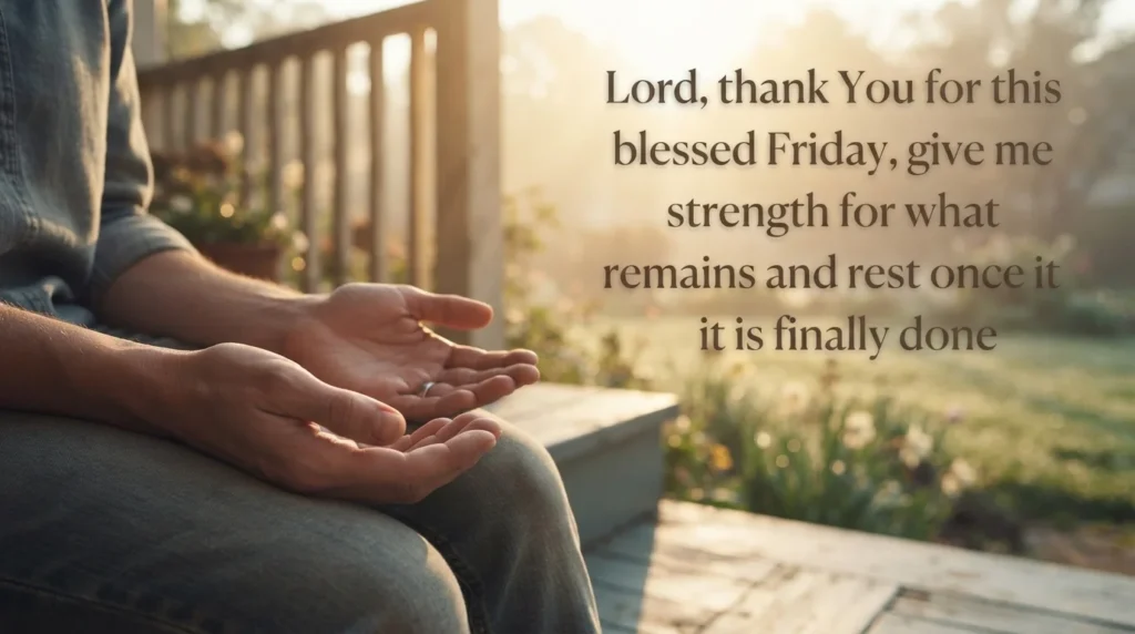 Friday prayer and divine inspiration quote over open hands on a porch step