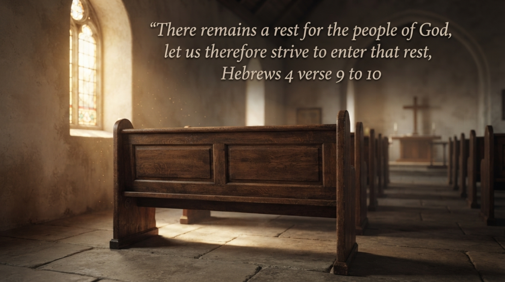 Friday prayer and scripture blessing quote from Hebrews 4 over a quiet church pew