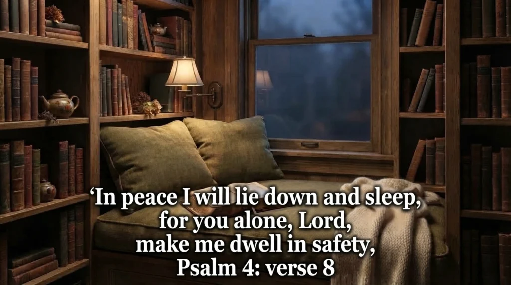 Friday scripture blessing quote from Psalm 4 over a bookshelf reading nook