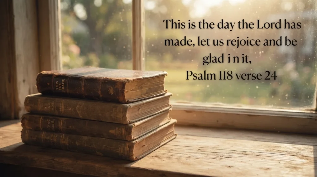 Friday scripture blessing quote from Psalm 118 over a windowsill Bible scene