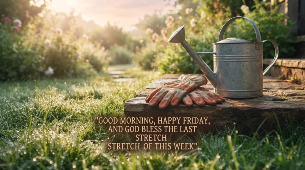 Good morning Friday wish and blessing over a dew covered garden step