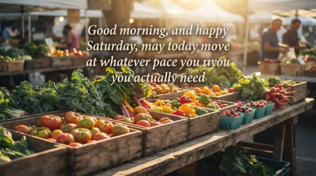 Good morning Saturday wish over a farmers market stall in morning light