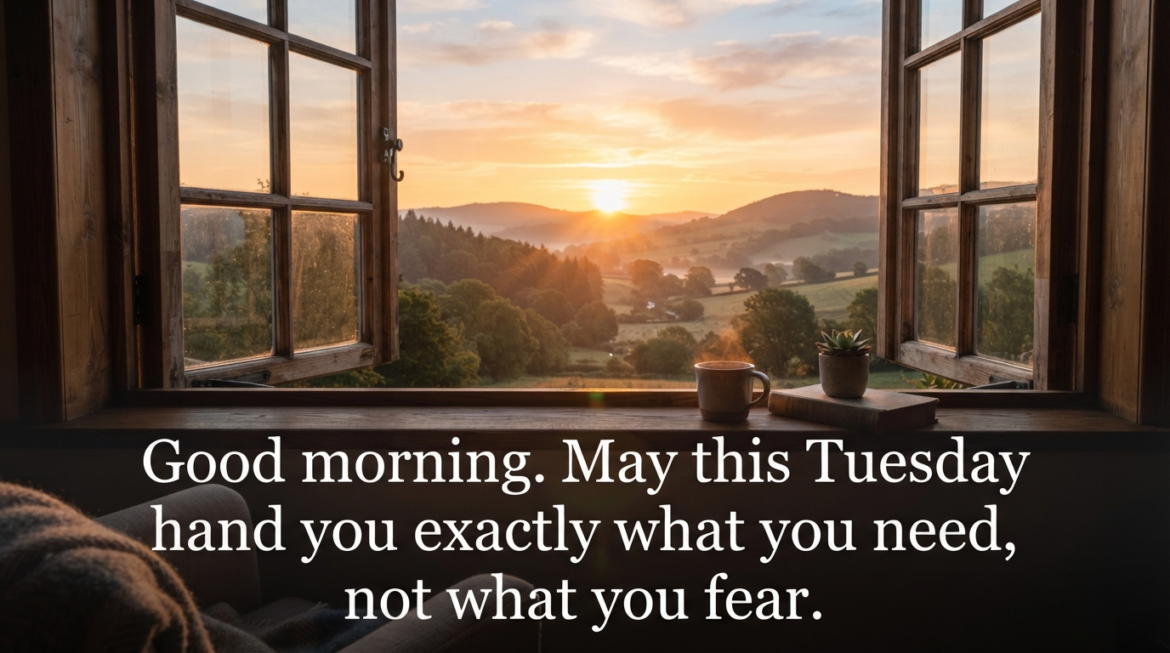 "Good morning Tuesday blessings quote over sunrise"