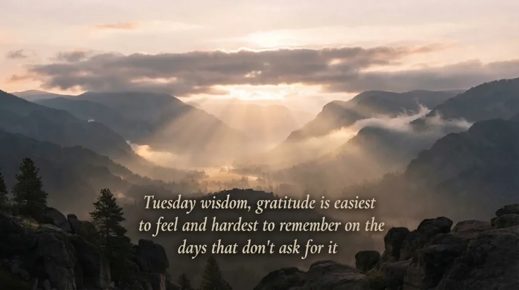 Grateful Tuesday spiritual wisdom quote over mountain sunrise