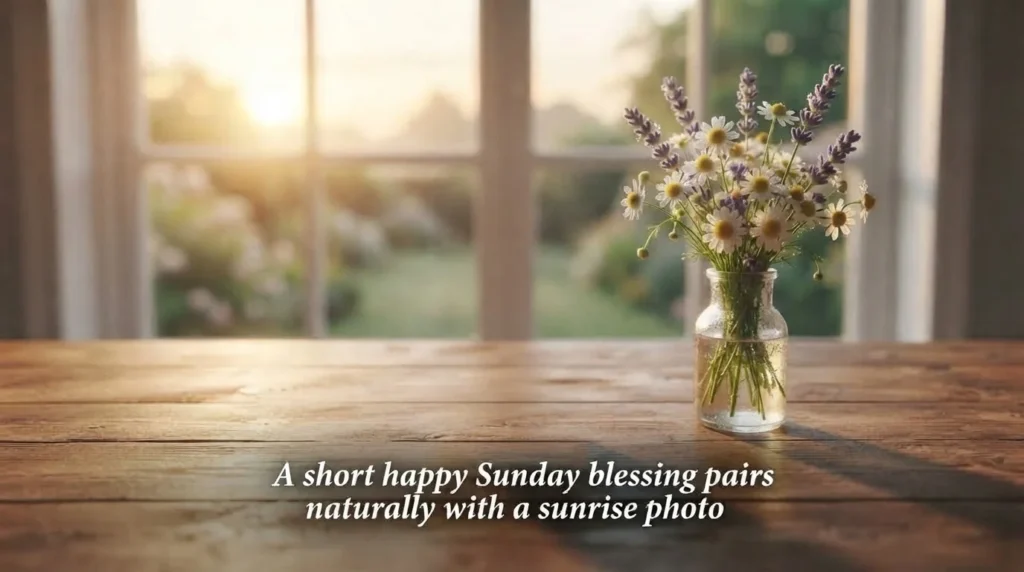 Happy Sunday blessing quote over a phone and flowers on a wooden table