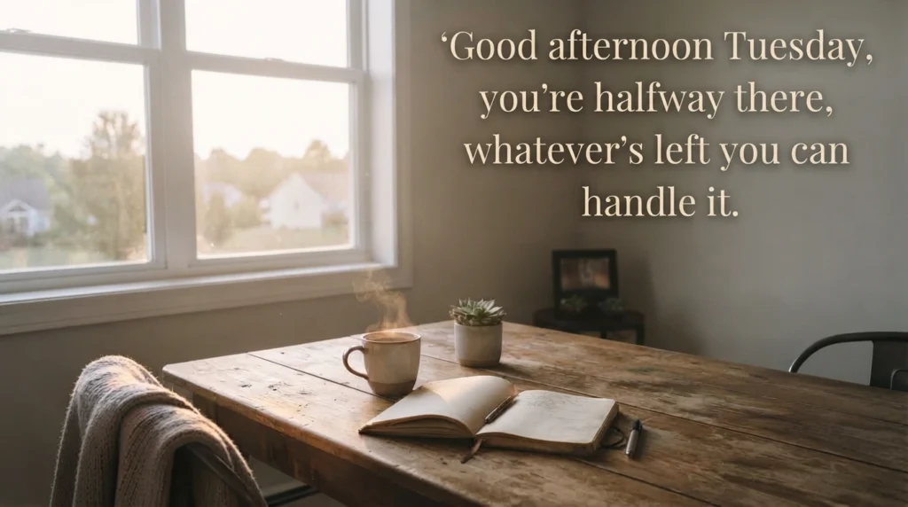 Happy Tuesday afternoon blessing quote with a calm midday desk scene