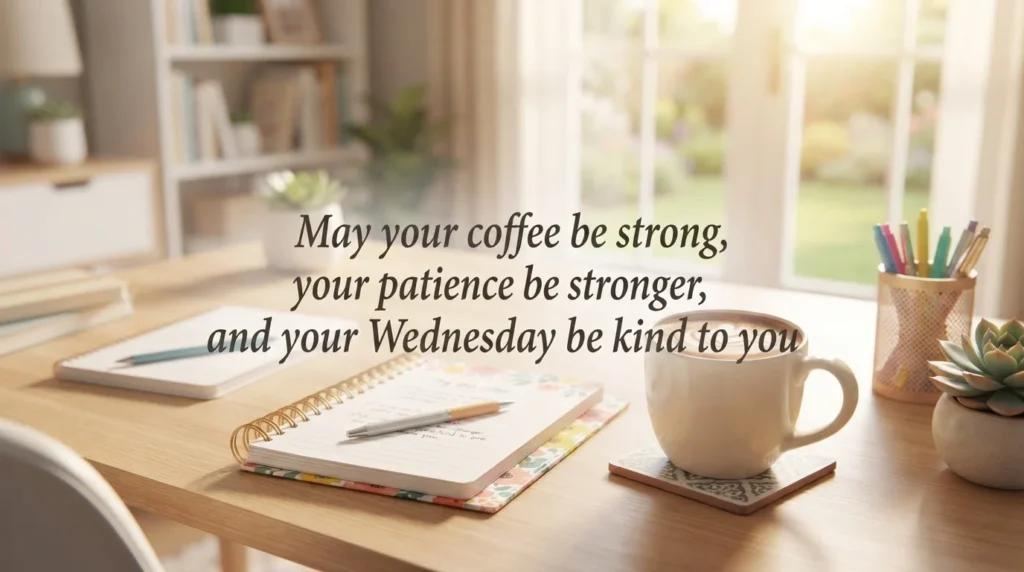 Happy Wednesday wishes quote over a bright cheerful desk scene