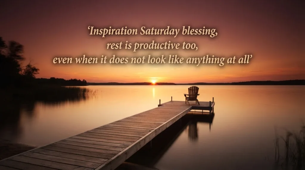 Inspirational Saturday blessing quote over a lake dock at sunset