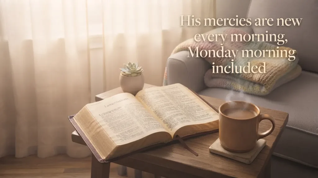 Open Bible and morning light scene representing Monday morning prayer and scripture