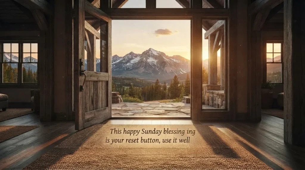 Motivational happy Sunday blessing quote over running shoes at sunrise