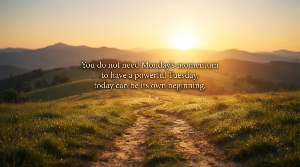Motivational Tuesday blessing quote over a sunrise path toward distant hills