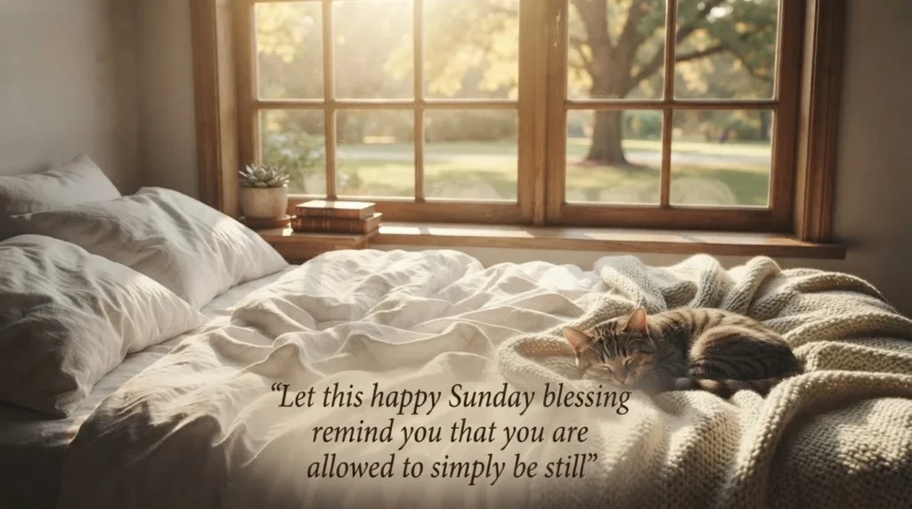 Peaceful happy Sunday blessing quote over a quiet bedroom scene
