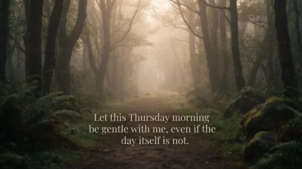 Peaceful thursday blessings quote over a calm forest sunrise