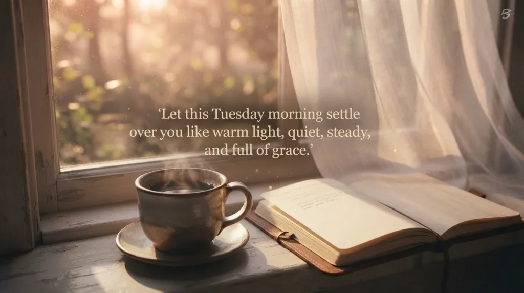 Peaceful Tuesday morning blessing quote over soft dawn light through a bedroom window