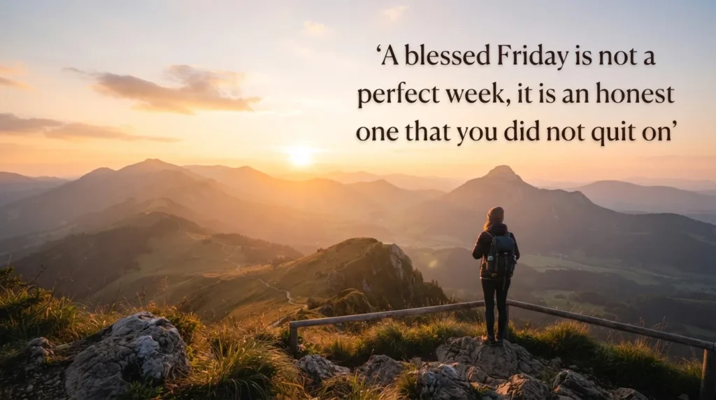 Inspirational blessed Friday quote over a hiker at a sunrise overlook