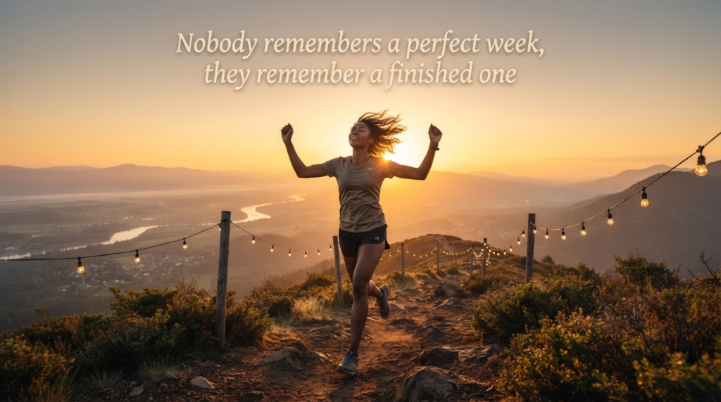 Inspirational and positive Friday quote over a runner reaching a hilltop at sunrise