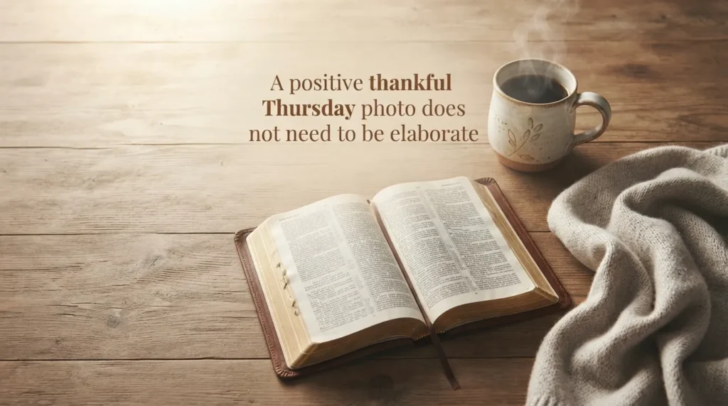 Positive thankful Thursday flat lay image with bible, coffee and blanket