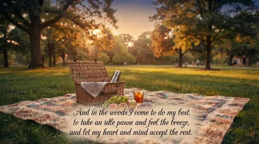 Saturday blessings image over a picnic quilt in a park at dusk