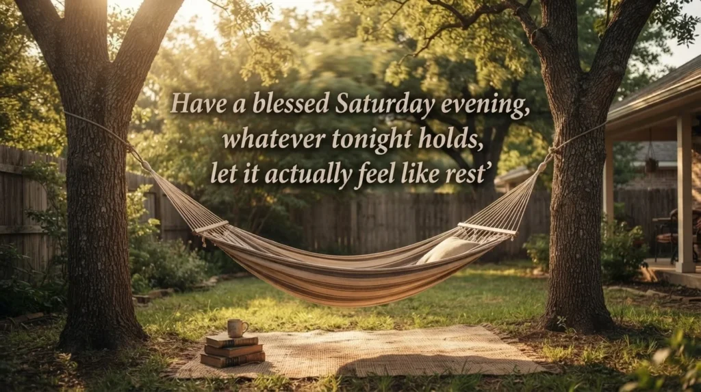 Saturday evening blessing quote over a backyard hammock at golden hour