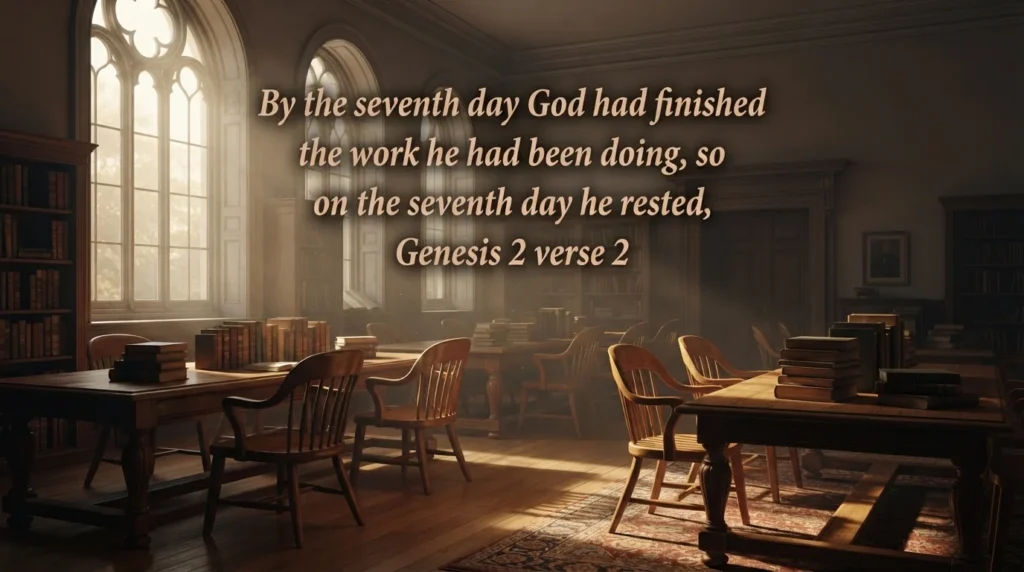 Saturday scripture blessing quote from Genesis 2 over a quiet library reading room