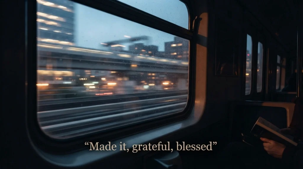 Short Friday blessing quote over a train window city lights scene